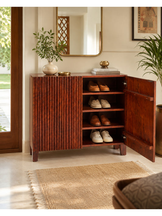 the gasbh Solid Acacia Wood Shoe Rack for Home | Abstract Figure Pattern | Fluted Design | Wooden Shoe Cabinet | 15 Pair Storage | Rectangle Entryway Organizer | Brown Furniture Decor