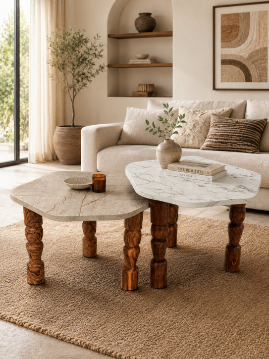 The Gasbh Coffee Table Set of 2 for Living Room| Grey and White Marble Style Round Tables | Hand Carved Solid Wood Legs | Modern Centre Tables for Living Room | Acacia Wood Pre Assembled