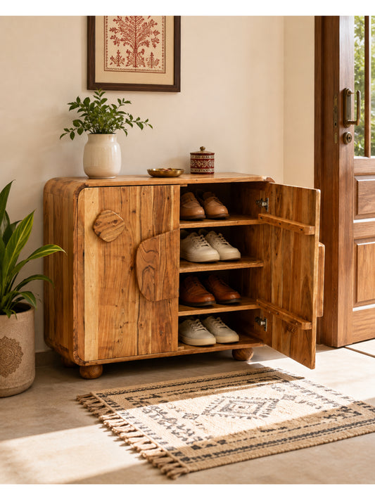 the gasbh Designer Acacia Wood Shoe Rack for Home | Fluted Pattern | Abstract Wood Door | Solid Wooden Shoe Cabinet | 15 Pair Storage | Rectangle Entryway Organizer | Brown Finish Furniture