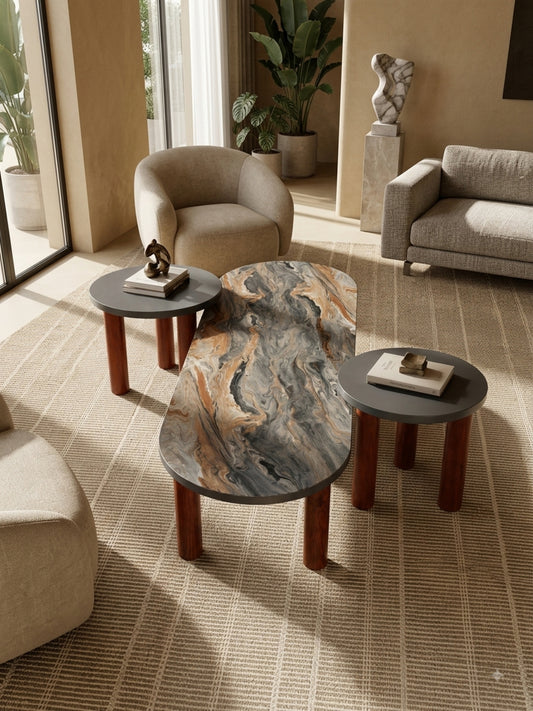 The Gasbh Set of 3 Coffee Tables for Living Room | Modern Nesting Side Tables with Grey Marble Design Tops and Acacia Wood Legs | Pre-Assembled | Stylish Centre Table Set for Elegant Homes