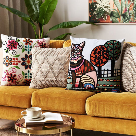 MEHSANA - Cat Motif  Embroidered Cushion Cover