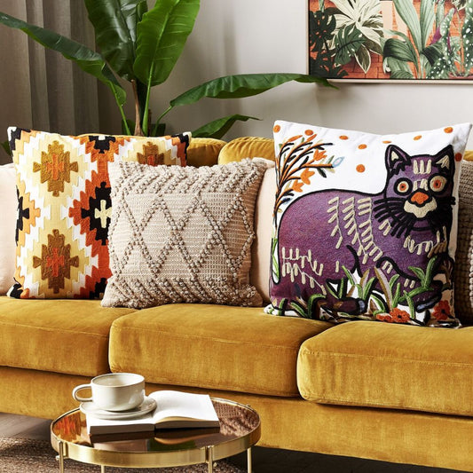 PHUSRO - Cat Motif  Embroidered Cushion Cover