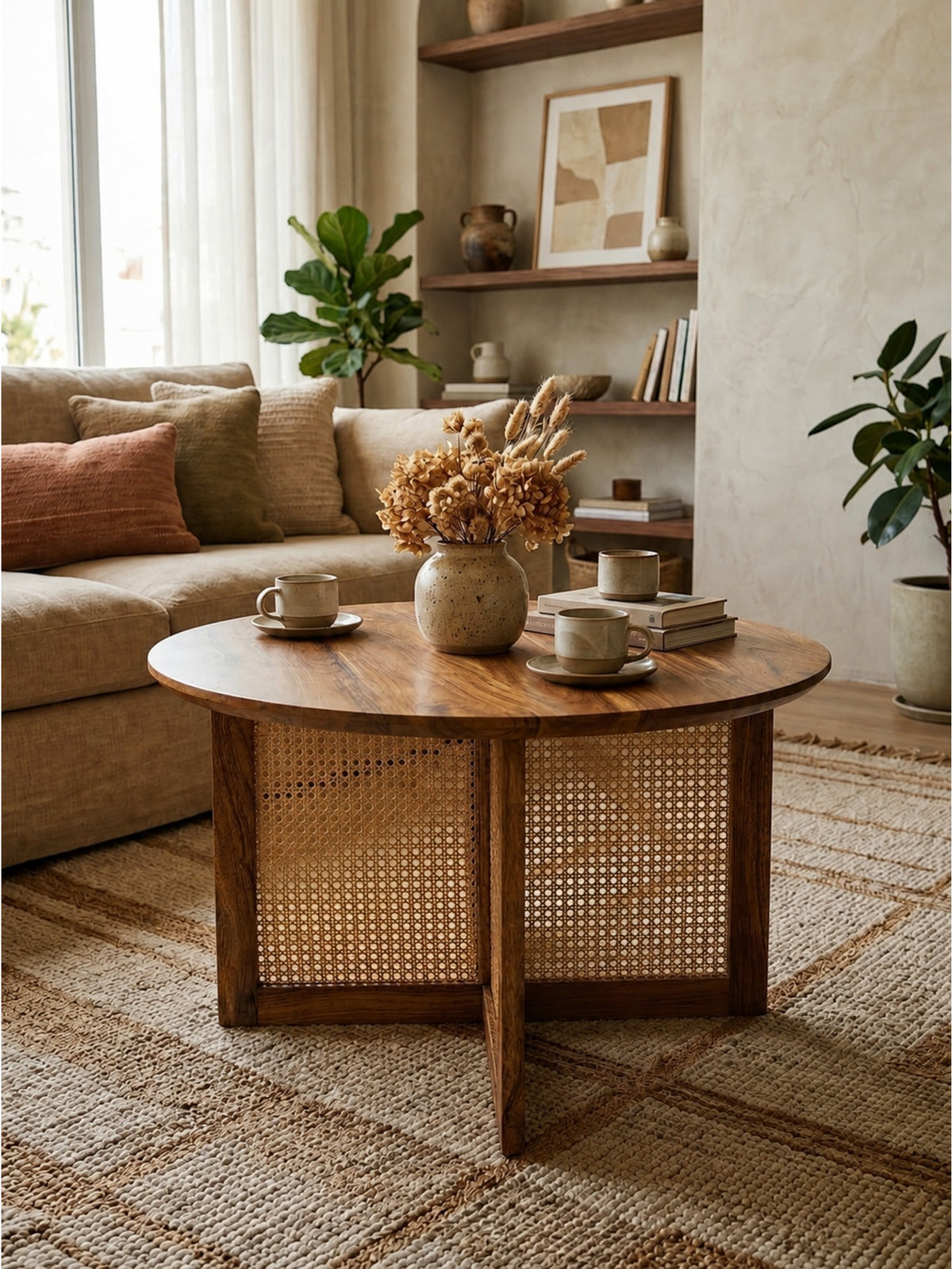 The Gasbh Solid Wood Coffee Table with Natural Cane | Round Wooden Center Table with Handcrafted Cane Panel and Pedestal Base | Compact Living Room Coffee Table for Home Sofa and Lounge