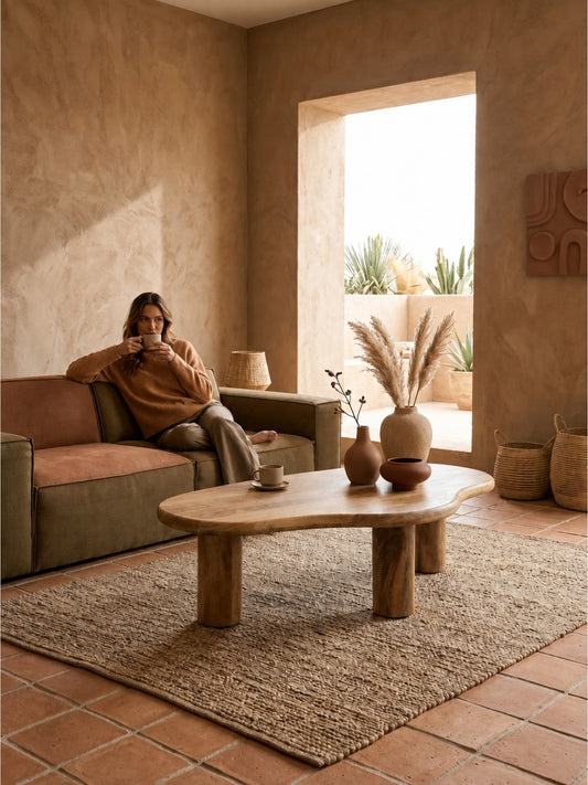 The Gasbh Solid Mango Wood Coffee Table for Living Room | Handcrafted Wooden Center Table with Organic Freeform Top and Sturdy Pedestal Base | Natural Wood Finish | Modern Accent Table for Home Sofa and Lounge
