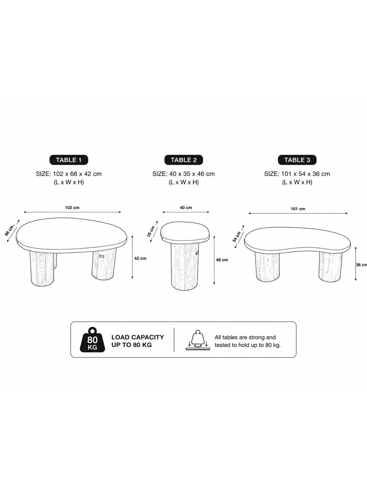 The Gasbh Set of 3 Mango Wood Coffee Tables for Living Room | Solid Wooden Nesting Center Tables with Organic Freeform Tops and Sturdy Pedestal Legs | Natural Wood Finish | Multi Purpose Tables for Home Sofa and Lounge
