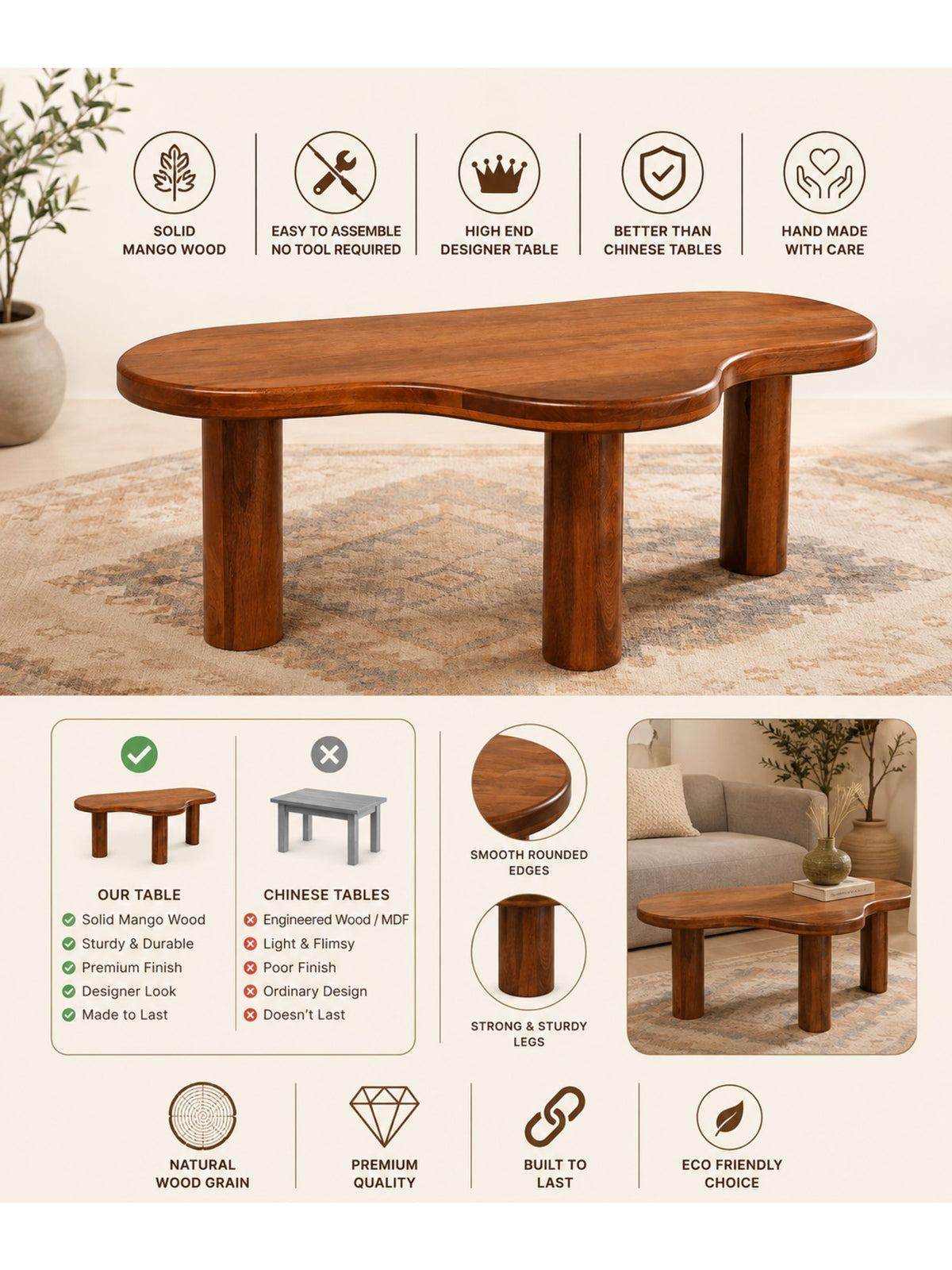 The Gasbh Solid Mango Wood Coffee Table for Living Room | Handcrafted Wooden Center Table with Organic Freeform Top and Sturdy Pedestal Legs | Natural Wood Finish | Modern Coffee Table for Home Sofa and Lounge