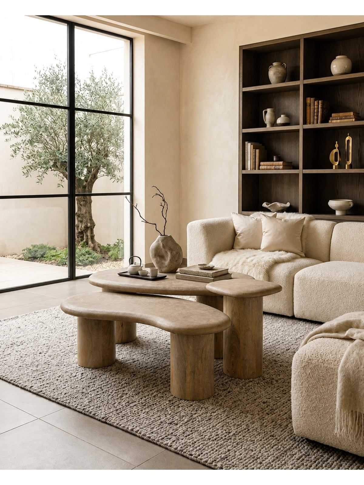 The Gasbh Set of 3 Mango Wood Coffee Tables for Living Room | Solid Wooden Nesting Center Tables with Organic Freeform Tops and Sturdy Pedestal Legs | Natural Wood Finish | Multi Purpose Tables for Home Sofa and Lounge