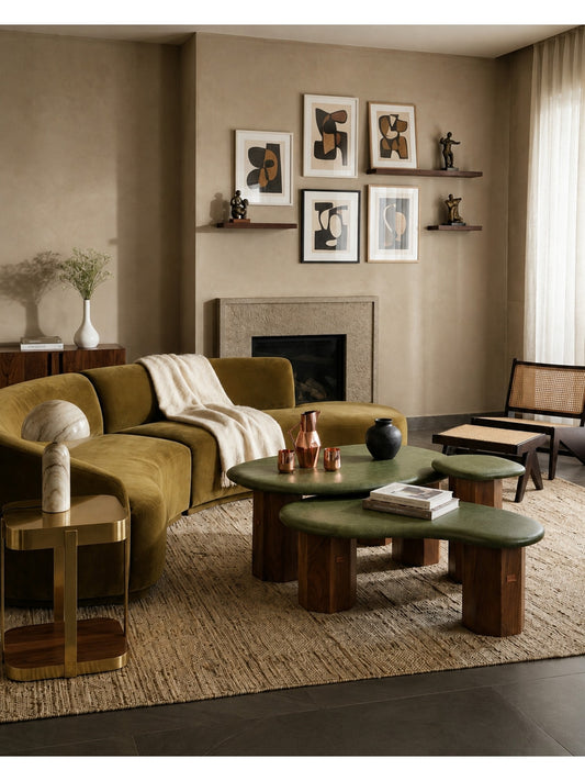 The Gasbh Set of 3 Acacia Wood Coffee Tables for Living Room | Solid Wood Center Table Set with Green Leather Fabric Tops and Sturdy Pedestal Legs | 3 Piece Nesting Coffee Tables | Modern Tables for Home Sofa and Lounge