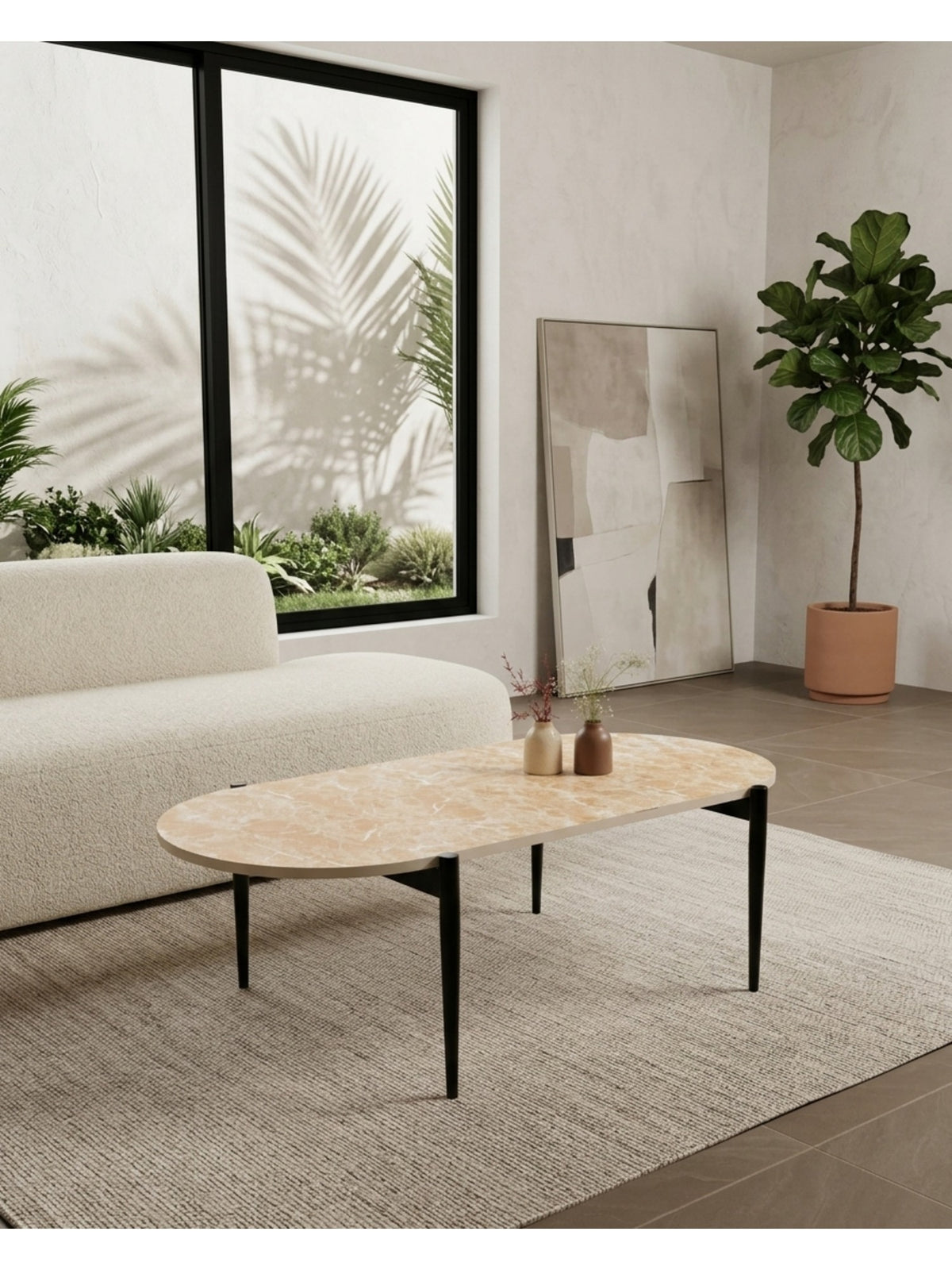 The Gasbh Marble Finish MDF Coffee Table for Living Room | Modern Wooden Center Table with Rounded Oval Top and Sturdy Iron Legs | High Density MDF Top | Contemporary Coffee Table for Home Sofa and Lounge