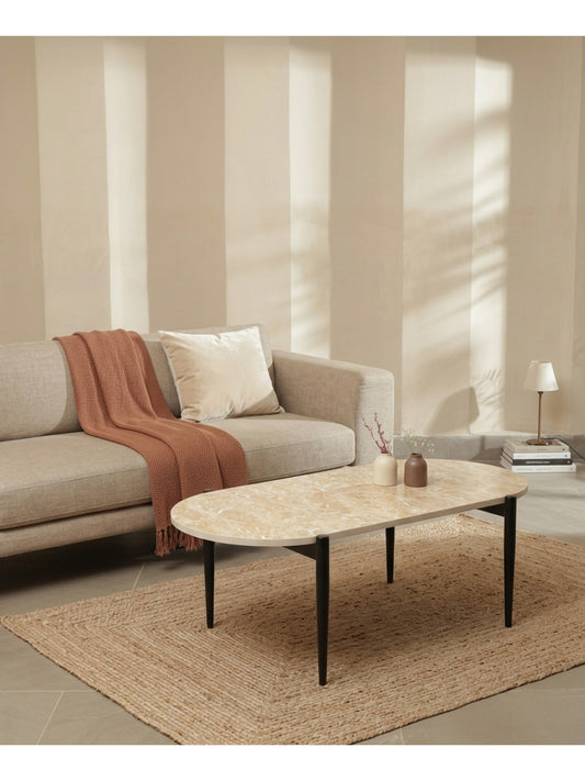 The Gasbh Marble Finish MDF Coffee Table for Living Room | Modern Wooden Center Table with Rounded Oval Top and Sturdy Iron Legs | High Density MDF Top | Contemporary Coffee Table for Home Sofa and Lounge