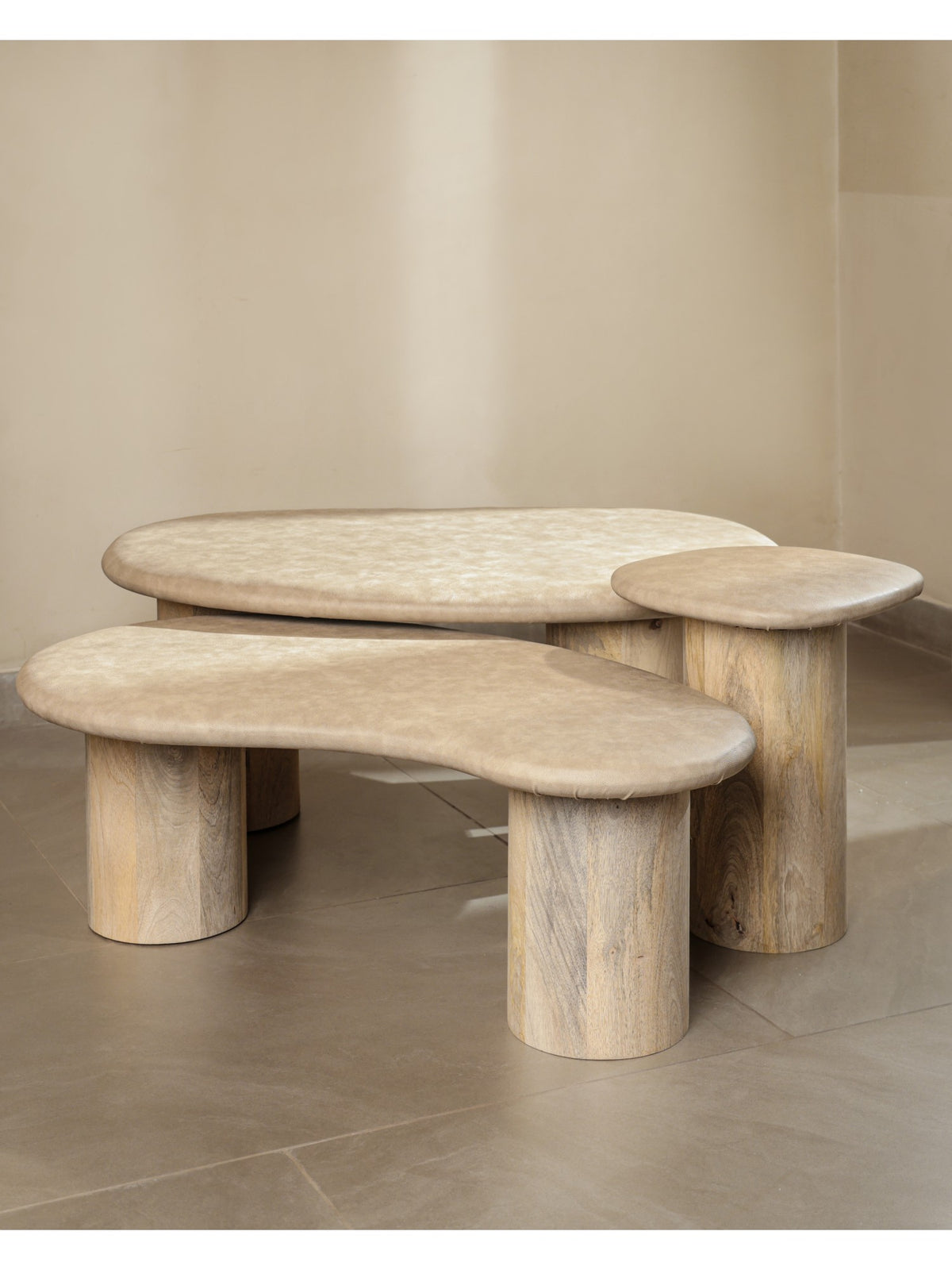 The Gasbh Set of 3 Mango Wood Coffee Tables for Living Room | Solid Wooden Nesting Center Tables with Organic Freeform Tops and Sturdy Pedestal Legs | Natural Wood Finish | Multi Purpose Tables for Home Sofa and Lounge