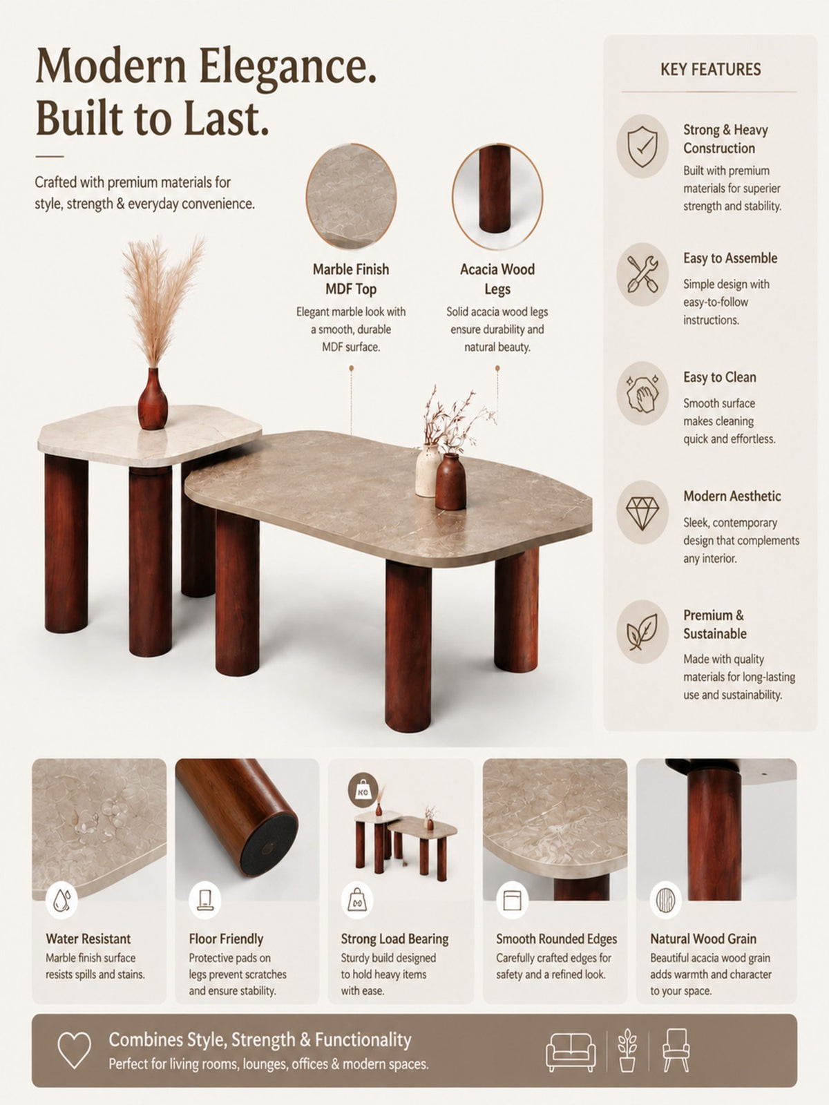 The Gasbh Set of 2 Coffee Tables for Living Room | Solid Acacia Wood Legs with Marble Finish MDF Top | Modern Nesting Center Tables with Rounded Edges | Side Tables for Home Sofa and Lounge