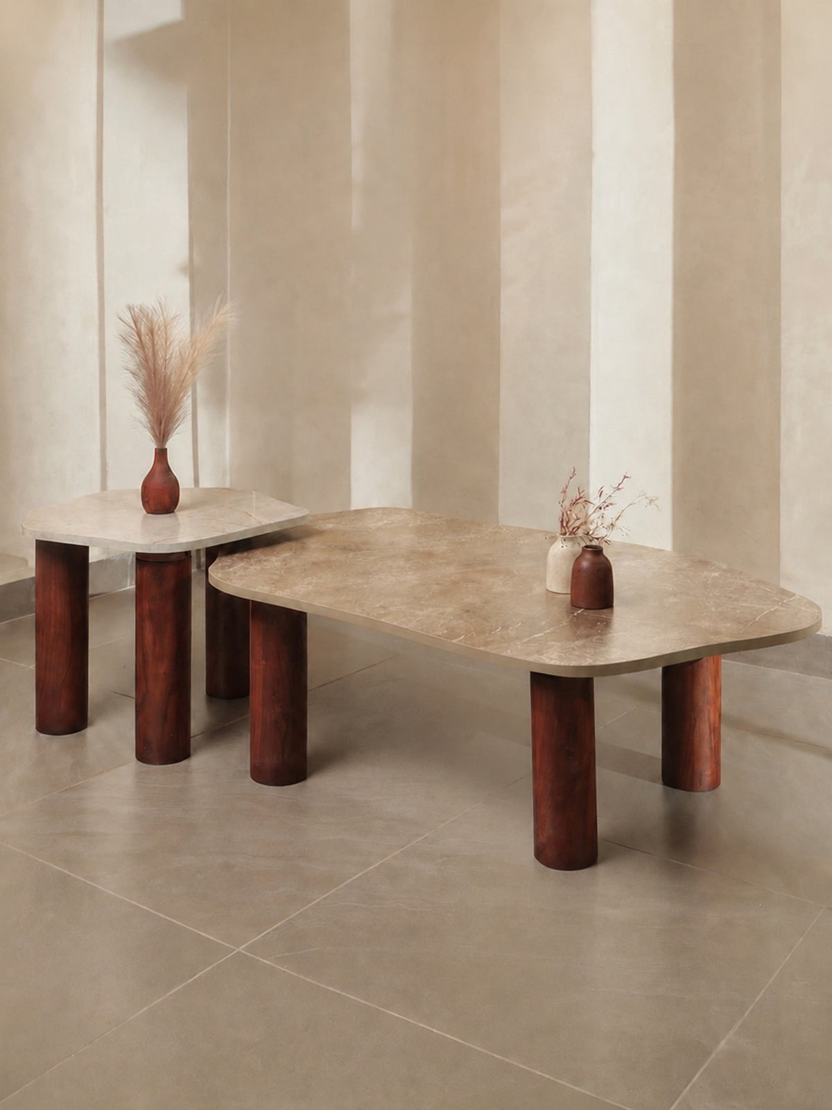 The Gasbh Set of 2 Coffee Tables for Living Room | Solid Acacia Wood Legs with Marble Finish MDF Top | Modern Nesting Center Tables with Rounded Edges | Side Tables for Home Sofa and Lounge