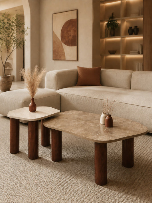 The Gasbh Set of 2 Coffee Tables for Living Room | Solid Acacia Wood Legs with Marble Finish MDF Top | Modern Nesting Center Tables with Rounded Edges | Side Tables for Home Sofa and Lounge