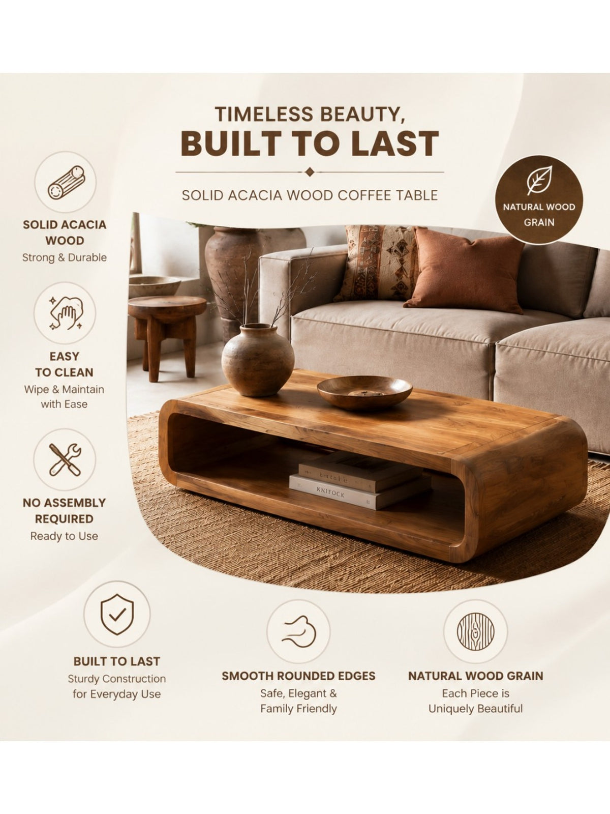 The Gasbh Solid Acacia Wood Coffee Table for Living Room | Wooden Center Table with Rounded Edges and Open Shelf Storage | Natural Wood Finish | Modern Coffee Table for Home Sofa and Lounge