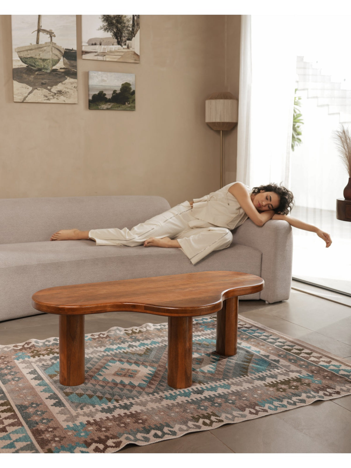 The Gasbh Solid Mango Wood Coffee Table for Living Room | Handcrafted Wooden Center Table with Organic Freeform Top and Sturdy Pedestal Legs | Natural Wood Finish | Modern Coffee Table for Home Sofa and Lounge