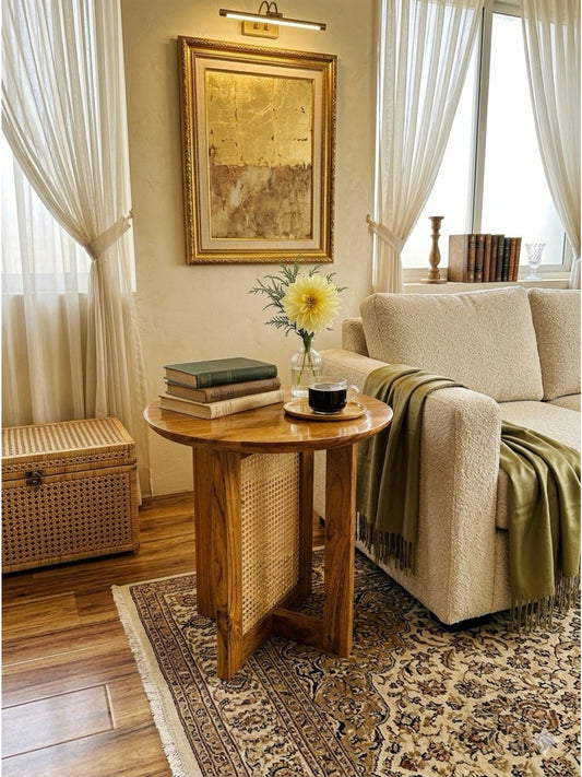 Handcrafted Wooden Side Table with Cane Panel & Round Top