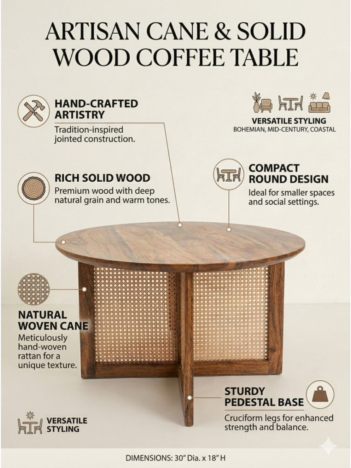 The Gasbh Solid Wood Coffee Table with Natural Cane | Round Wooden Center Table with Handcrafted Cane Panel and Pedestal Base | Compact Living Room Coffee Table for Home Sofa and Lounge