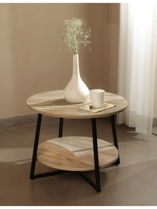 The Gasbh Modern 2 Tier Coffee Table for Living Room | MDF Round Center Table with Textured Stone Effect Top and Lower Storage Shelf | Sturdy Iron Frame with Cross Legs | Easy Assembly