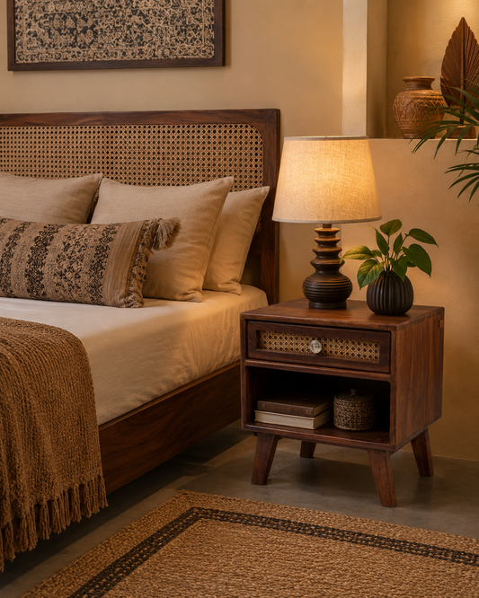 Wooden Bedside Table with Cane Front Drawer & Open Storage | Nightstand for Bedroom
