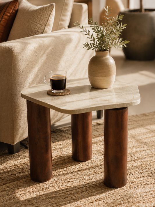 Marble Top Side Table with Solid Wood Legs | Modern Accent End Table for Living Room