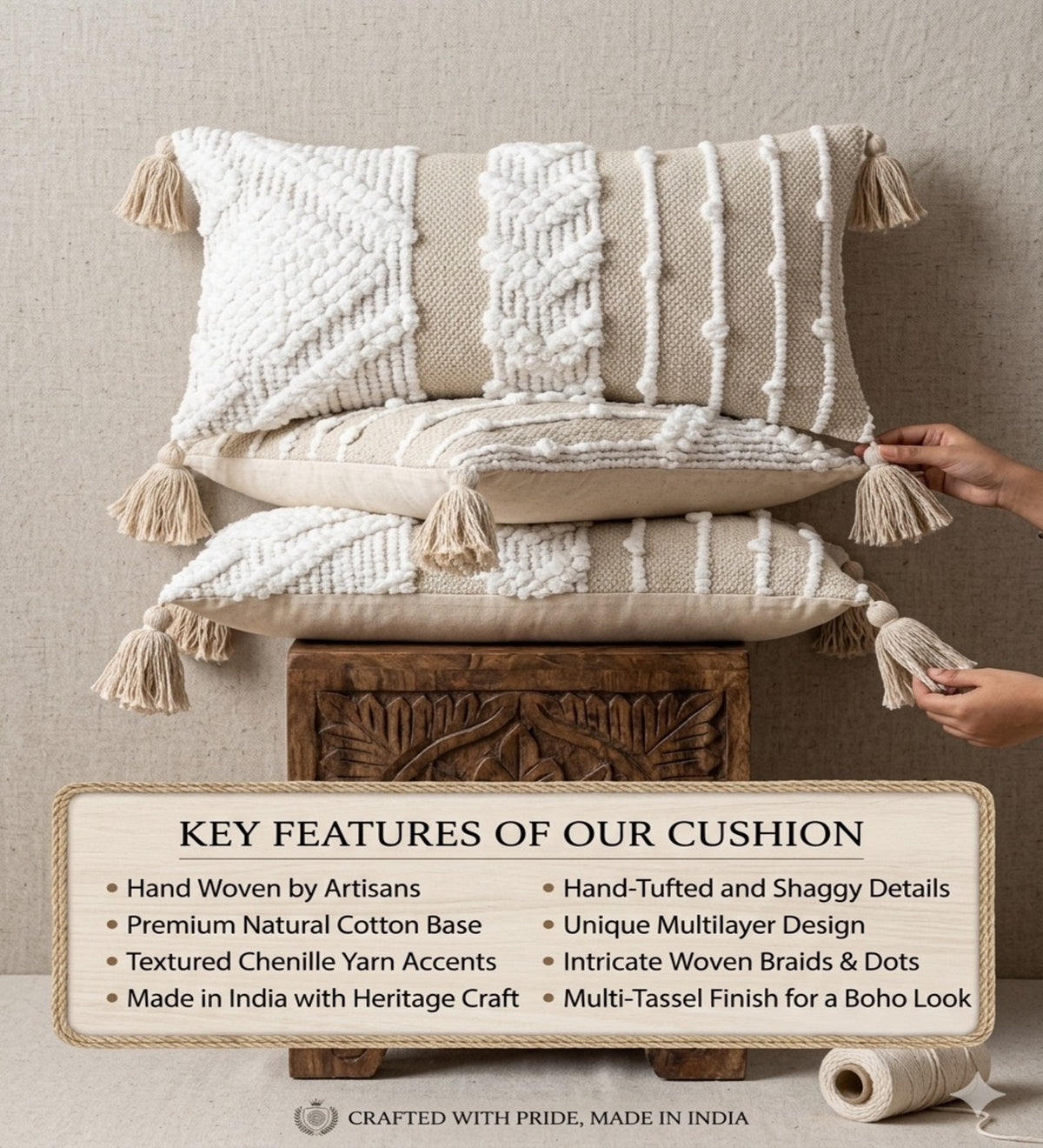 SHWETA - Hand Woven Off-White Boho Lumbar Cushion Covers Set of 2 with Tassels (20×12") | Cotton + Chenille